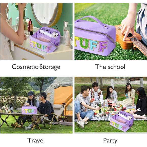 Women Chenille Letter Open Flat Nylon Stuff Makeup Travel Cosmetic Bag Purple - Picture 9 of 9